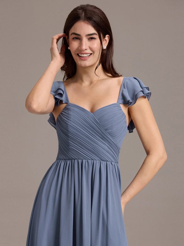 Chiffon A-Line Ruffles Cap Sleeve Bridesmaid Dress with Side Slit - Dusty Blue