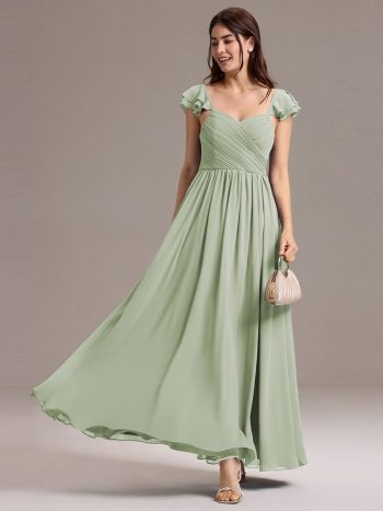 Chiffon A-Line Ruffles Cap Sleeve Bridesmaid Dress with Side Slit - Mint Green