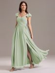 Chiffon A-Line Ruffles Cap Sleeve Bridesmaid Dress with Side Slit – Mint Green