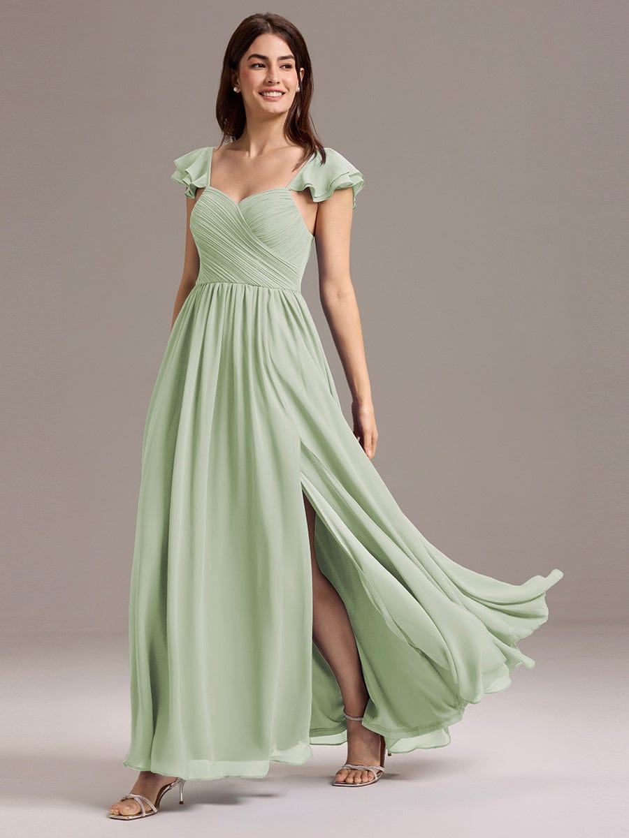 Chiffon A-Line Ruffles Cap Sleeve Bridesmaid Dress with Side Slit - Mint Green Chiffon A-Line Ruffles Cap Sleeve Bridesmaid Dress with Side Slit - Mint Green