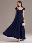 Chiffon A-Line Ruffles Cap Sleeve Bridesmaid Dress with Side Slit - Navy Blue