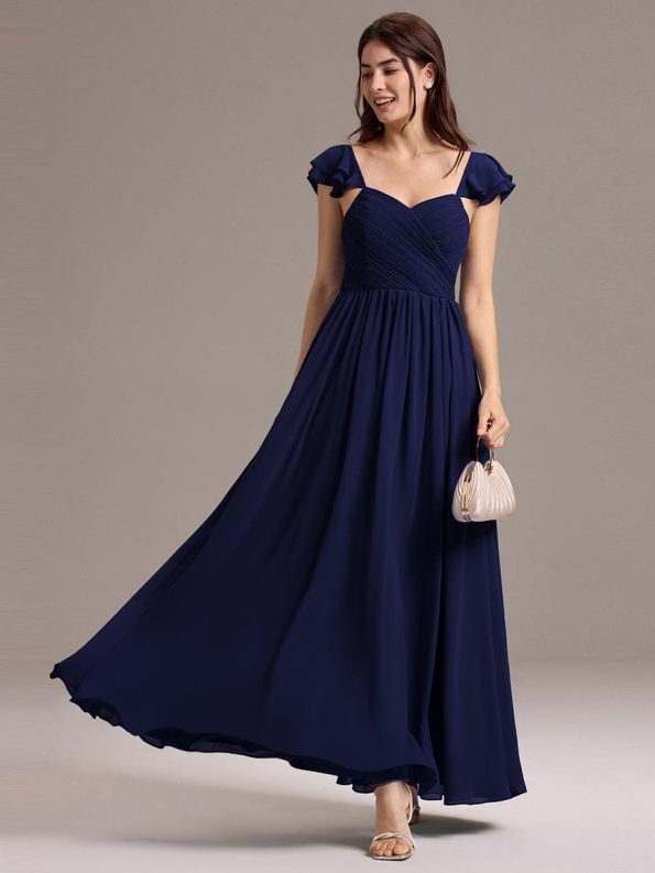 Chiffon A-Line Ruffles Cap Sleeve Bridesmaid Dress with Side Slit - Navy Blue