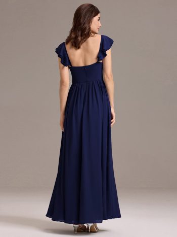 Chiffon A-Line Ruffles Cap Sleeve Bridesmaid Dress with Side Slit - Navy Blue