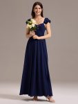 Chiffon A-Line Ruffles Cap Sleeve Bridesmaid Dress with Side Slit – Navy Blue