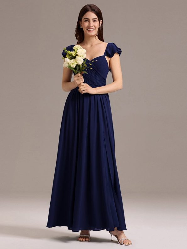 Chiffon A-Line Ruffles Cap Sleeve Bridesmaid Dress with Side Slit - Navy Blue