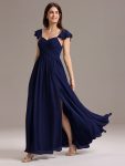 Chiffon A-Line Ruffles Cap Sleeve Bridesmaid Dress with Side Slit – Navy Blue