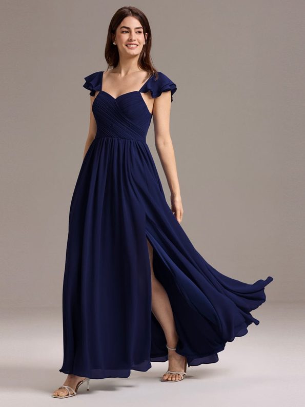 Chiffon A-Line Ruffles Cap Sleeve Bridesmaid Dress with Side Slit - Navy Blue
