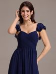 Chiffon A-Line Ruffles Cap Sleeve Bridesmaid Dress with Side Slit – Navy Blue