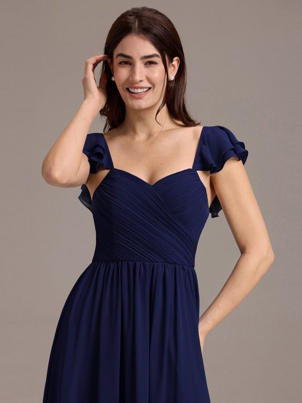 Chiffon A-Line Ruffles Cap Sleeve Bridesmaid Dress with Side Slit - Navy Blue