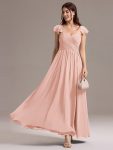 Chiffon A-Line Ruffles Cap Sleeve Bridesmaid Dress with Side Slit - Pink