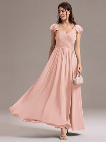 Chiffon A-Line Ruffles Cap Sleeve Bridesmaid Dress with Side Slit - Pink