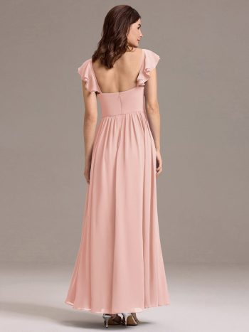 Chiffon A-Line Ruffles Cap Sleeve Bridesmaid Dress with Side Slit - Pink