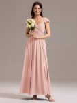 Chiffon A-Line Ruffles Cap Sleeve Bridesmaid Dress with Side Slit – Pink