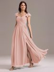 Chiffon A-Line Ruffles Cap Sleeve Bridesmaid Dress with Side Slit – Pink