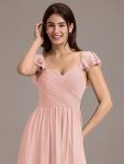 Chiffon A-Line Ruffles Cap Sleeve Bridesmaid Dress with Side Slit – Pink