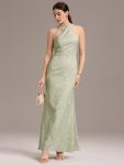 Elegant Cross Halter Neck Floral Satin Bridesmaid Dress with Bow Back – Vintage Primrose Celadon