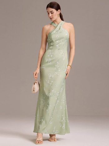 Elegant Cross Halter Neck Floral Satin Bridesmaid Dress with Bow Back - Vintage Primrose Celadon