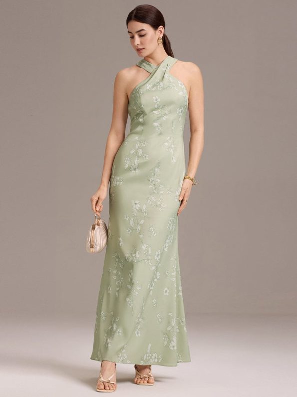 Elegant Cross Halter Neck Floral Satin Bridesmaid Dress with Bow Back - Vintage Primrose Celadon