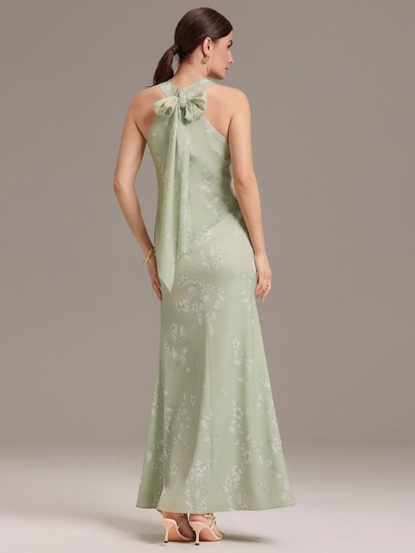 Elegant Cross Halter Neck Floral Satin Bridesmaid Dress with Bow Back - Vintage Primrose Celadon