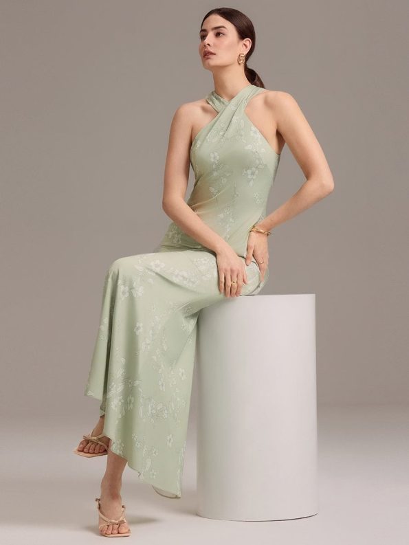 Elegant Cross Halter Neck Floral Satin Bridesmaid Dress with Bow Back - Vintage Primrose Celadon