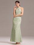 Elegant Cross Halter Neck Floral Satin Bridesmaid Dress with Bow Back – Vintage Primrose Celadon