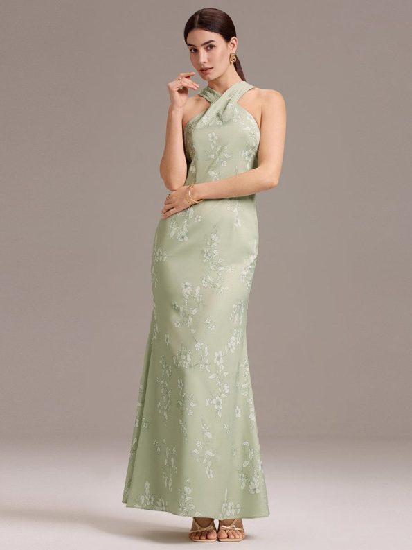Elegant Cross Halter Neck Floral Satin Bridesmaid Dress with Bow Back - Vintage Primrose Celadon