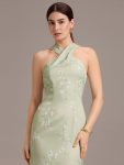 Elegant Cross Halter Neck Floral Satin Bridesmaid Dress with Bow Back – Vintage Primrose Celadon