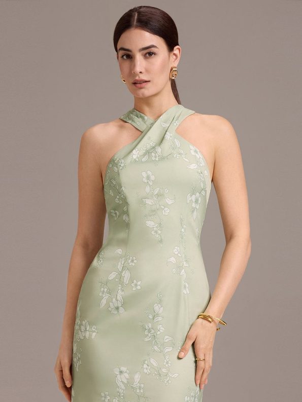 Elegant Cross Halter Neck Floral Satin Bridesmaid Dress with Bow Back - Vintage Primrose Celadon