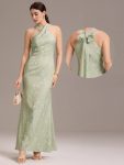 Elegant Cross Halter Neck Floral Satin Bridesmaid Dress with Bow Back - Vintage Primrose Celadon