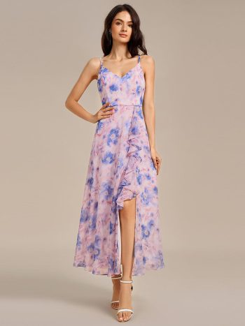 ever RUE|Ruffled Floral V-Neck A-line Maxi Side split Bridesmaid Dress - Azure Bream
