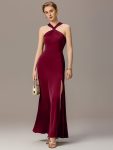 Satin Cross Halter Sleeveless Maxi Bridesmaid Dress – Burgundy