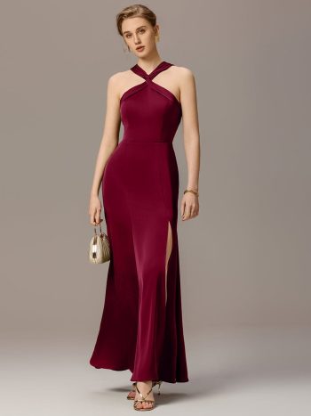 Satin Cross Halter Sleeveless Maxi Bridesmaid Dress - Burgundy