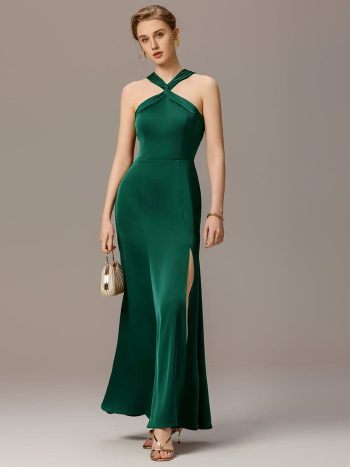 Satin Cross Halter Sleeveless Maxi Bridesmaid Dress - Dark Green