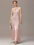 Satin Cross Halter Sleeveless Maxi Bridesmaid Dress - Pink