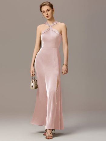 Satin Cross Halter Sleeveless Maxi Bridesmaid Dress - Pink