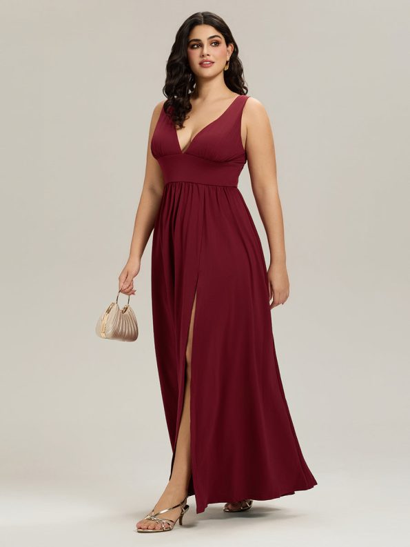 Chiffon High Slit Sleeveless V-Neck Empire Waist Formal Evening Dress - Burgundy