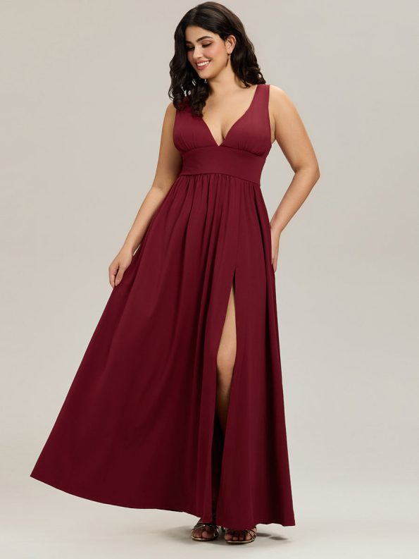 Chiffon High Slit Sleeveless V-Neck Empire Waist Formal Evening Dress - Burgundy