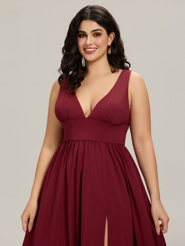 Chiffon High Slit Sleeveless V-Neck Empire Waist Formal Evening Dress - Burgundy