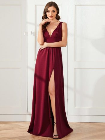 Chiffon High Slit Sleeveless V-Neck Empire Waist Formal Evening Dress - Burgundy