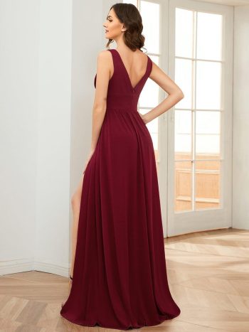 Chiffon High Slit Sleeveless V-Neck Empire Waist Formal Evening Dress - Burgundy
