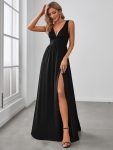Chiffon High Slit Sleeveless V-Neck Empire Waist Formal Evening Dress – Black