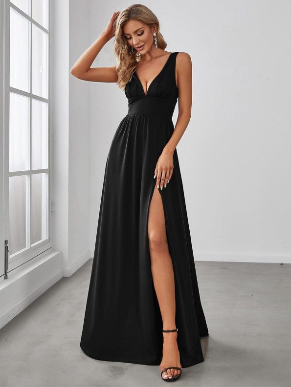 Chiffon High Slit Sleeveless V-Neck Empire Waist Formal Evening Dress - Black
