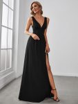 Chiffon High Slit Sleeveless V-Neck Empire Waist Formal Evening Dress – Black