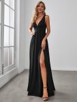 Chiffon High Slit Sleeveless V-Neck Empire Waist Formal Evening Dress – Black