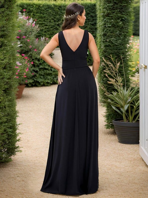 Chiffon High Slit Sleeveless V-Neck Empire Waist Formal Evening Dress - Black