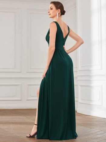 Chiffon High Slit Sleeveless V-Neck Empire Waist Formal Evening Dress - Dark Green