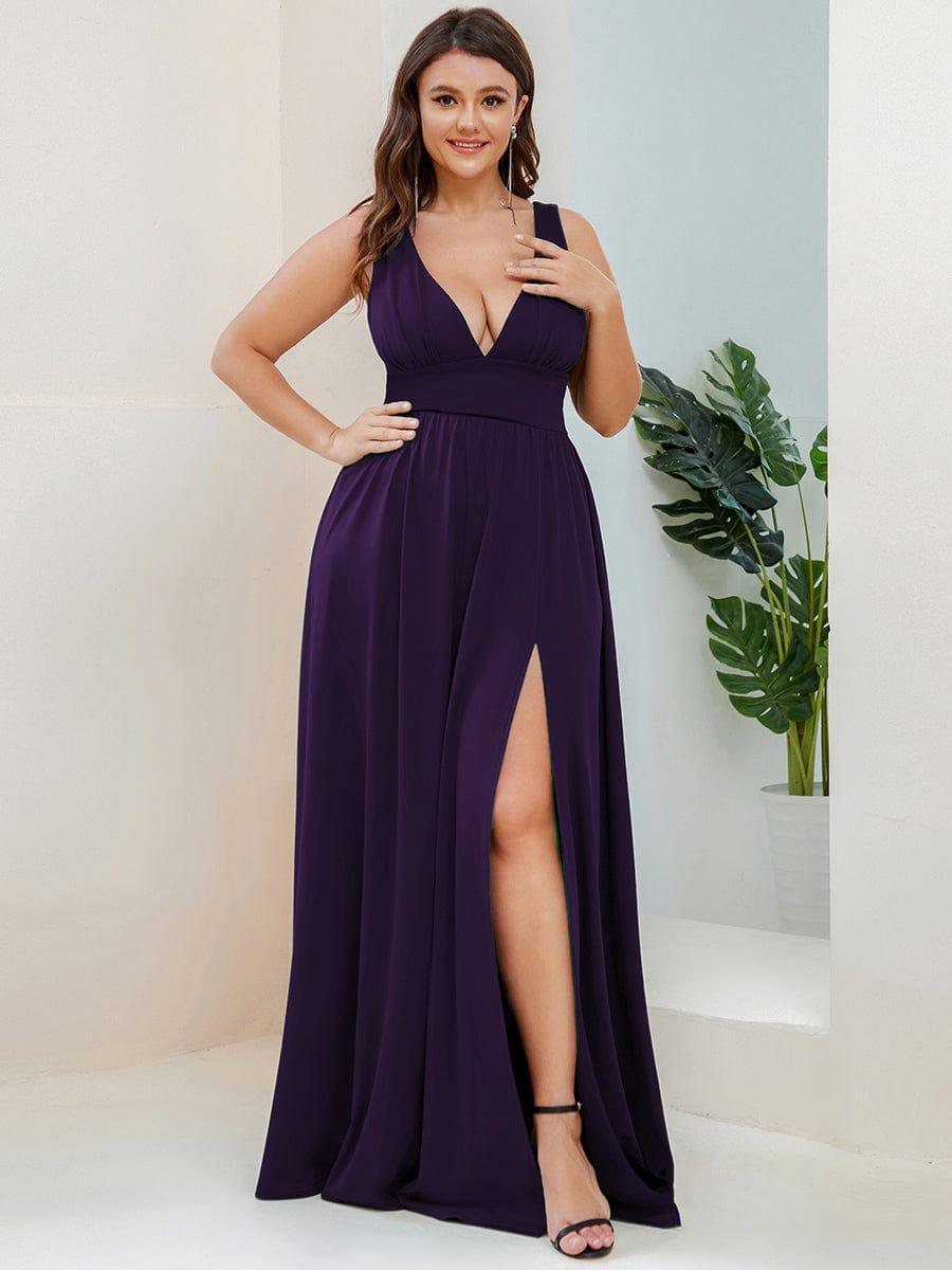 Chiffon High Slit Sleeveless V-Neck Empire Waist Formal Evening Dress - Dark Purple Chiffon High Slit Sleeveless V-Neck Empire Waist Formal Evening Dress - Dark Purple
