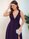 Chiffon High Slit Sleeveless V-Neck Empire Waist Formal Evening Dress – Dark Purple
