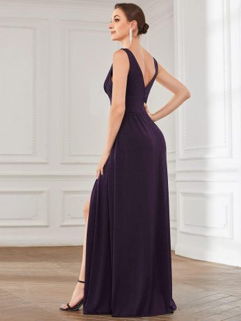 Chiffon High Slit Sleeveless V-Neck Empire Waist Formal Evening Dress - Dark Purple