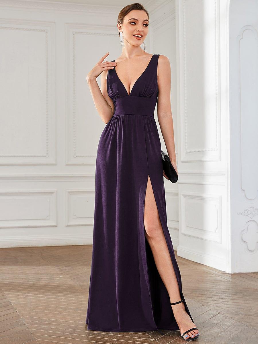 Chiffon High Slit Sleeveless V-Neck Empire Waist Formal Evening Dress - Dark Purple Chiffon High Slit Sleeveless V-Neck Empire Waist Formal Evening Dress - Dark Purple